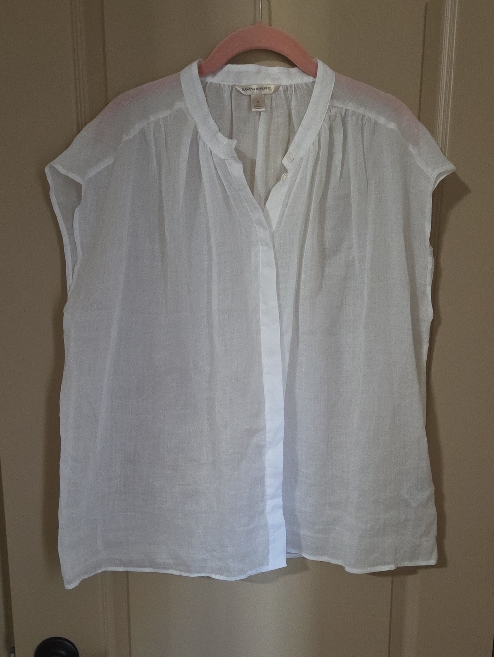 Banana Republic White Cotton Split-Neck Cap Sleeve Blouse